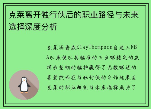 克莱离开独行侠后的职业路径与未来选择深度分析